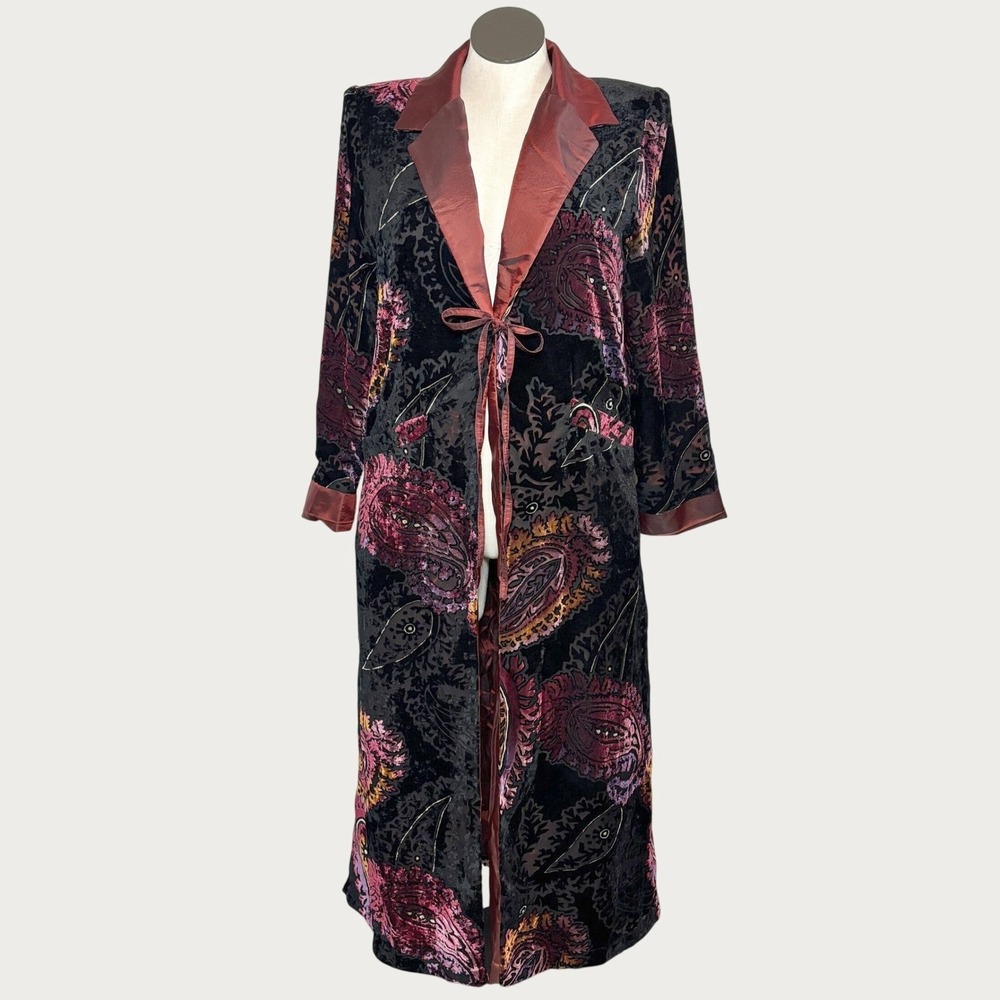 Multiples Womens Robe S Burgundy Black Velvet Paisley Burnout Long Duster